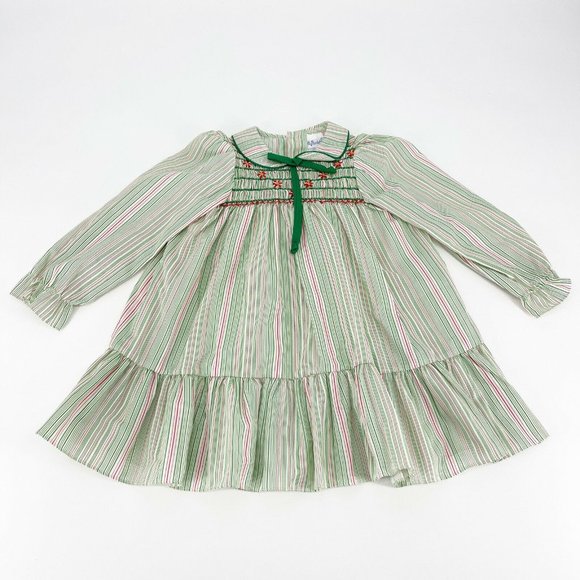 Polly Flinders Other - Polly Flinders VTG 1970s Red Green Stripe Pointsettia Christmas Dress Smocked 4T
